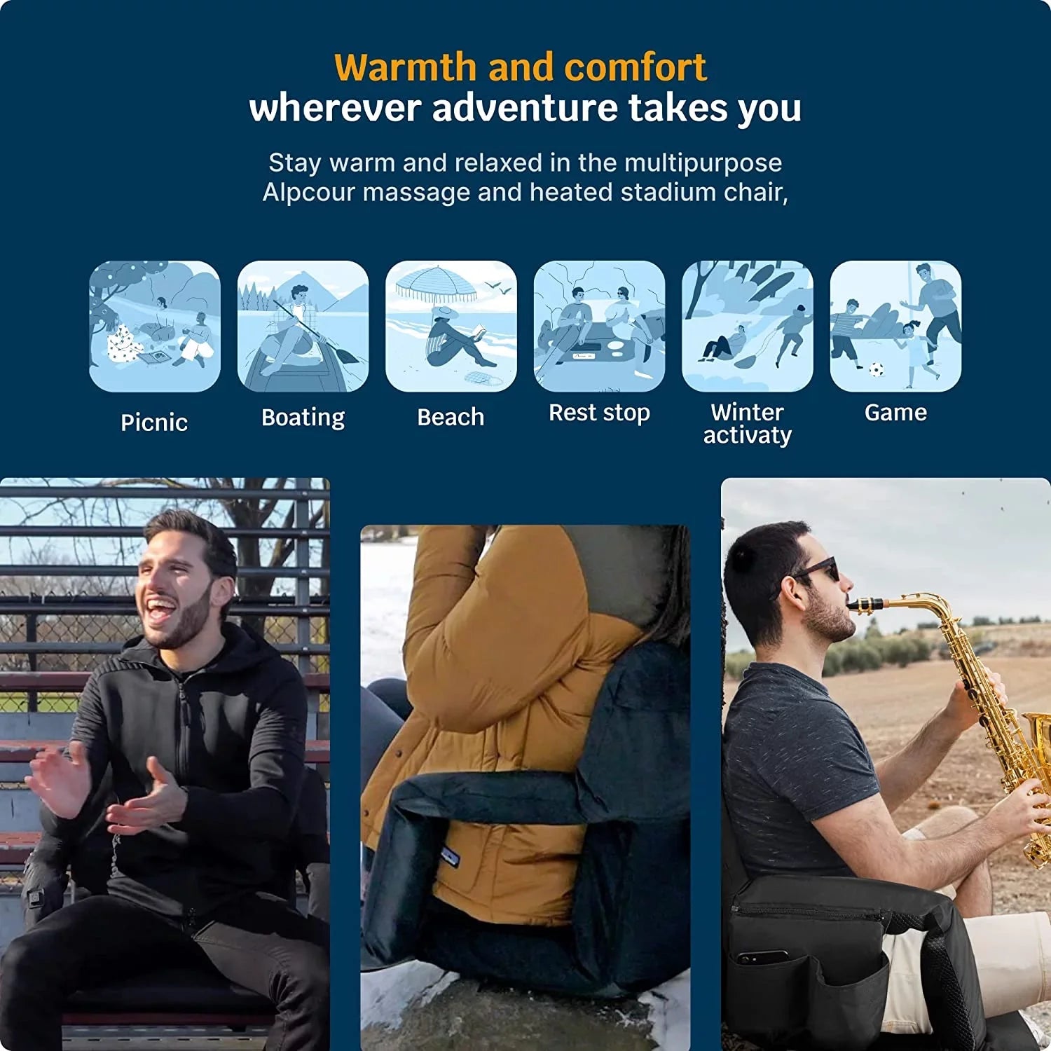 Alpcour X-Wide Heated Massage Reclining Stadium Seat - Extra Thick Waterproof Chair with Wide Back Support - Black