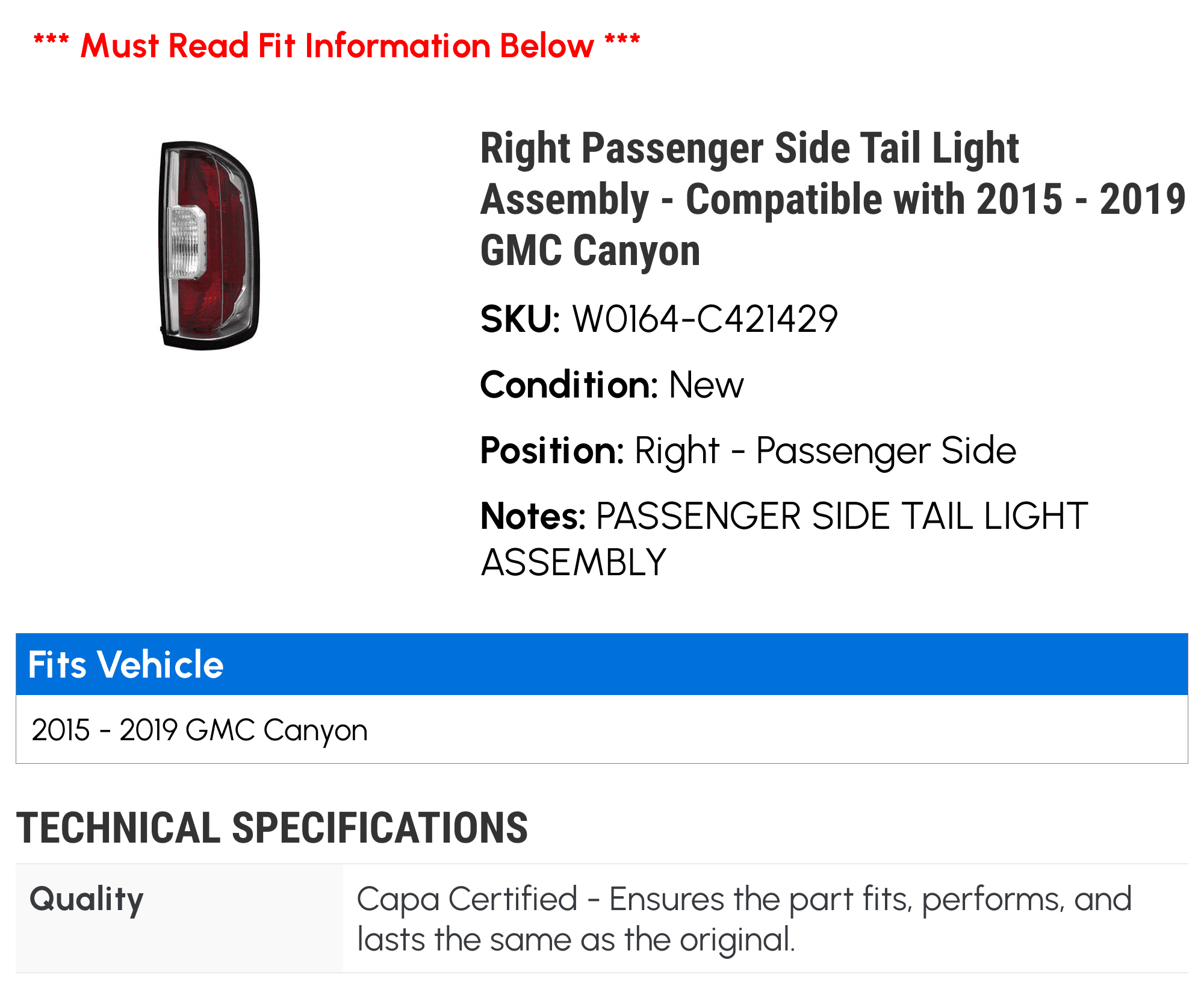 Right Passenger Side Tail Light Assembly - Compatible with 2015 - 2019  Canyon 2016 2017 2018 2021