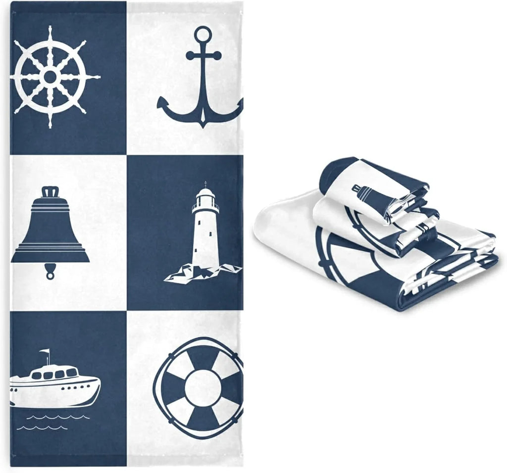 Bestwell Bath Towel Sets for Bathroom Hand Towels Fingertip Towels Sailing Vessel Anchor Lighthouse Checked 3 Piece Decorative Soft Cotton Absorbent