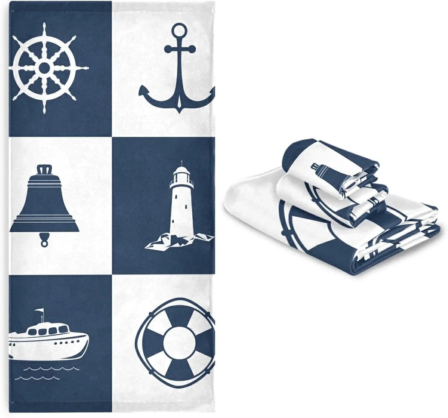 Bestwell Bath Towel Sets for Bathroom Hand Towels Fingertip Towels Sailing Vessel Anchor Lighthouse Checked 3 Piece Decorative Soft Cotton Absorbent