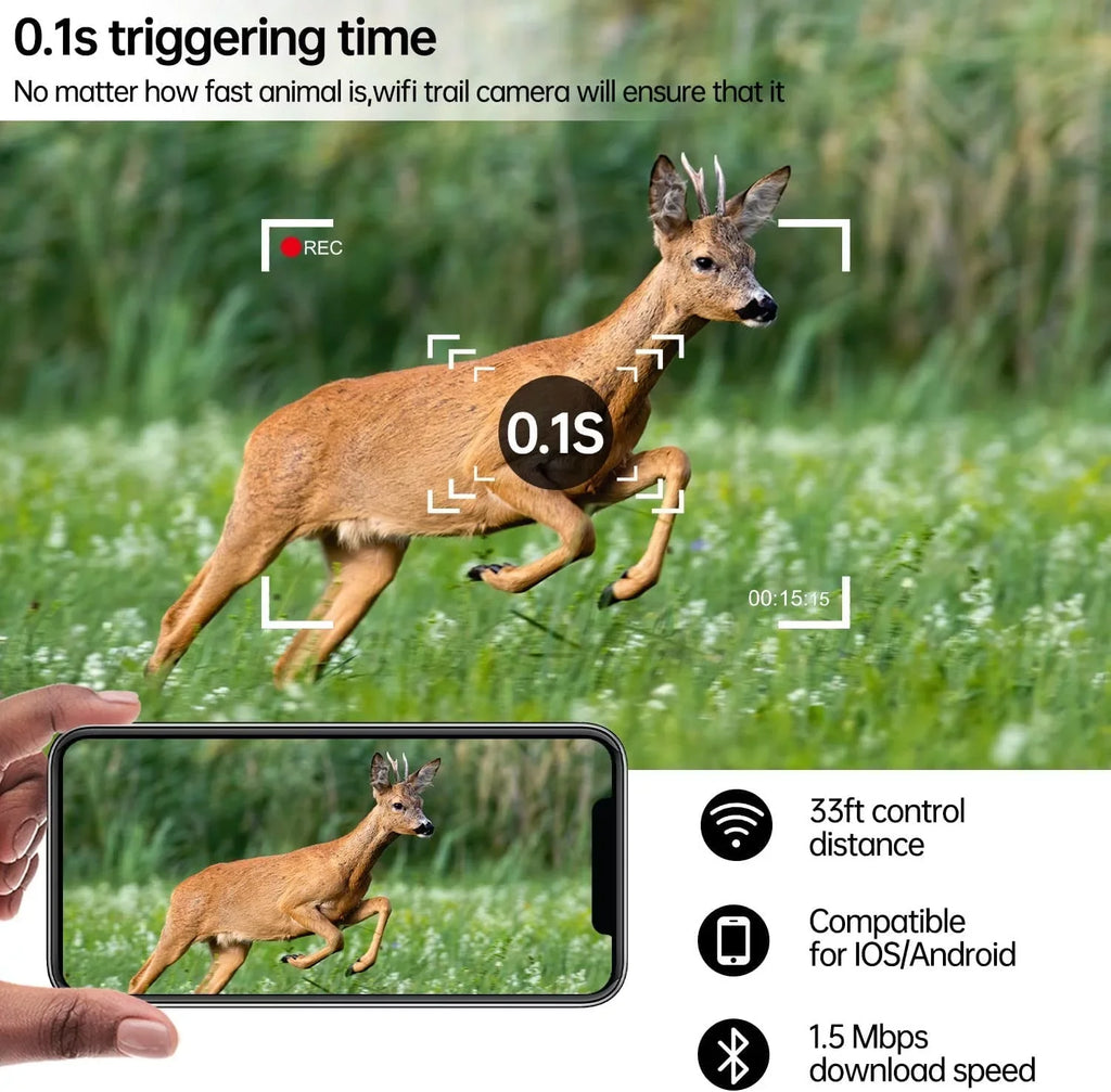WiFi Trail Camera 30MP 1296P Bluetooth Hunting Game Camera with Infrared Night Vision Motion Activated Trail Camera with IP66 Waterproof for Wildlife Monitoring