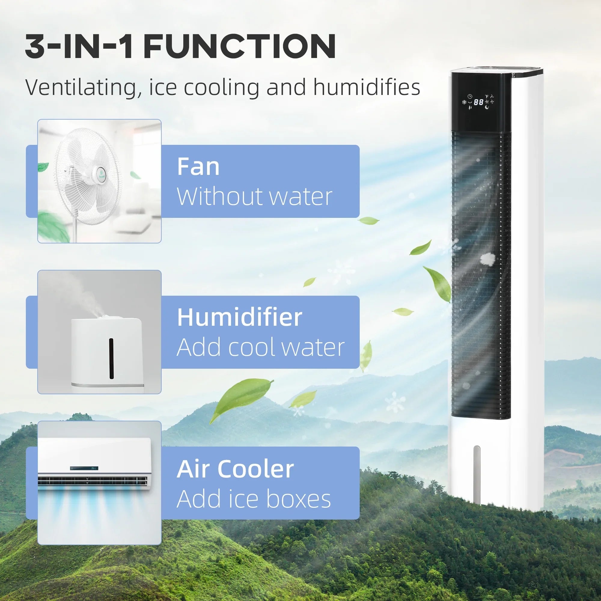 42" Portable Evaporative Air Cooler, 3-In-1 Ice Cooling Fan Humidifier with Remote, Timer, Oscillating,  Display, and 1.6 Gal Water Tank, White