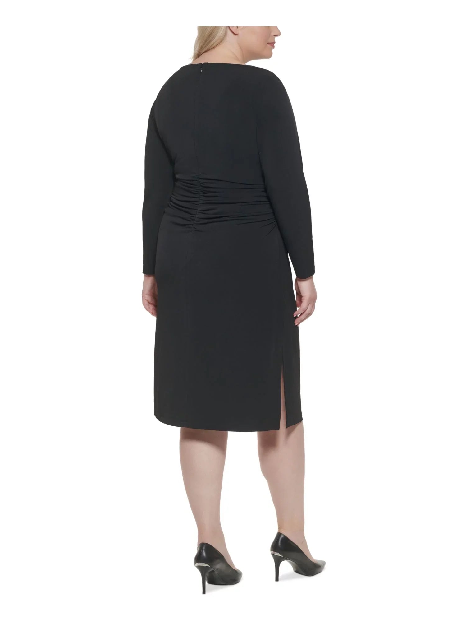 Womens Black Stretch Ruched Zippered Long Sleeve Round Neck Midi Wear To Work Sheath Dress Plus 16W