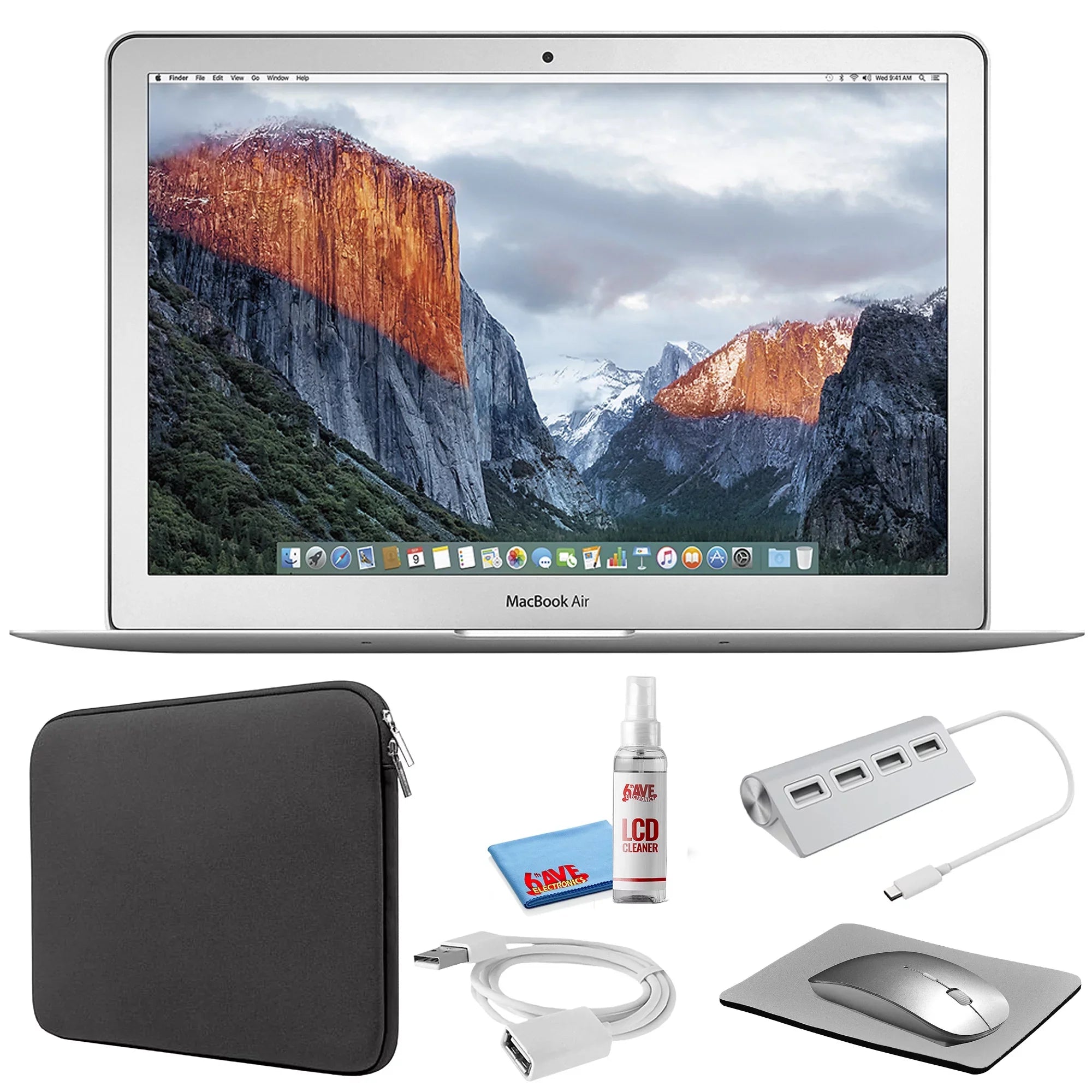 Apple MacBook Air 13-inch (i5 1.6GHz, 128GB ) (Early 2015, MJVE2LL/A) - Silver Bundle with Black Zipper Sleeve + Laptop Starter Kit + Cleaning Kit (Refurbished)