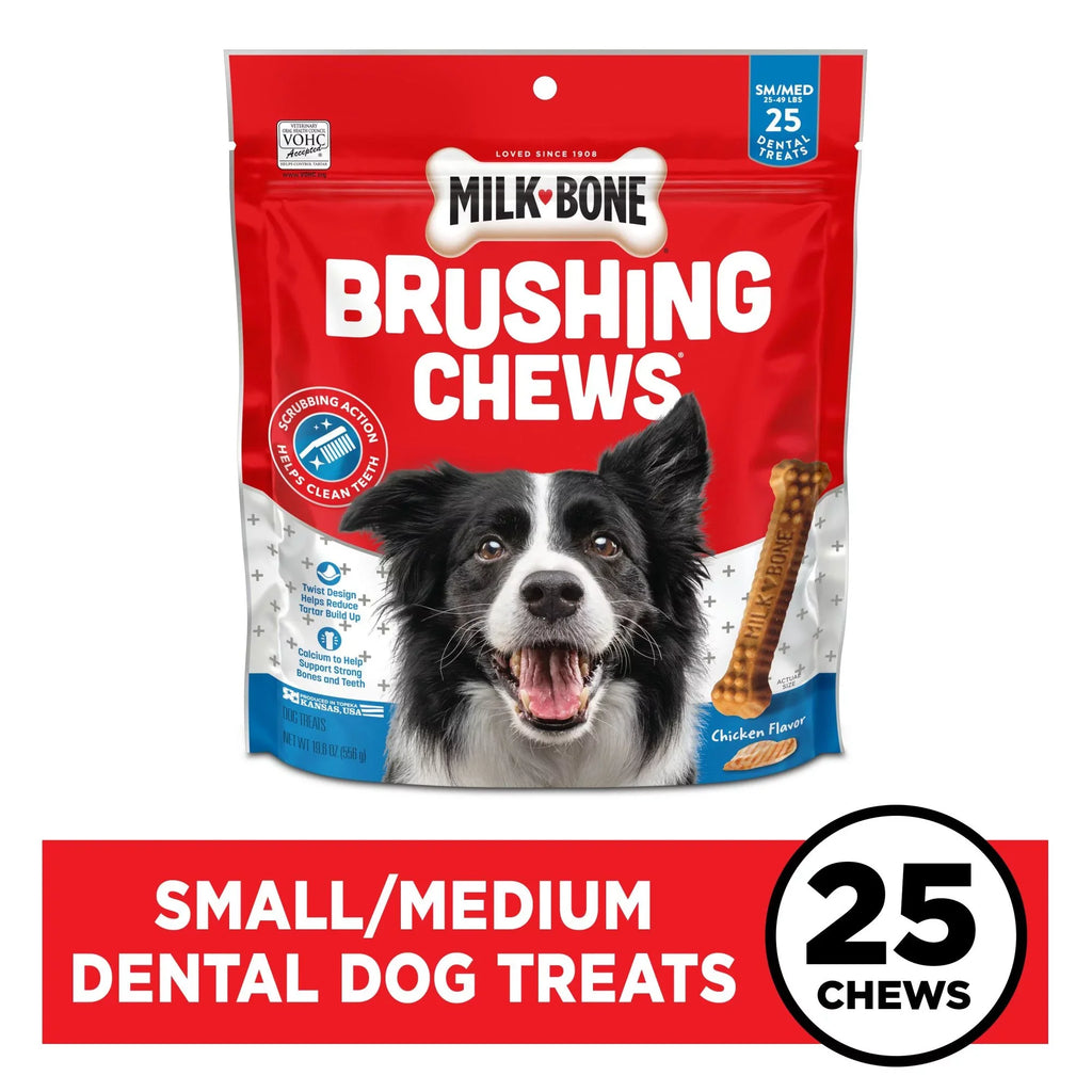 Milk-Bone Brushing Chews Daily Dental Dog Treats, Small/Medium, 19.6 Oz. Bag, 25 Bones Per Bag