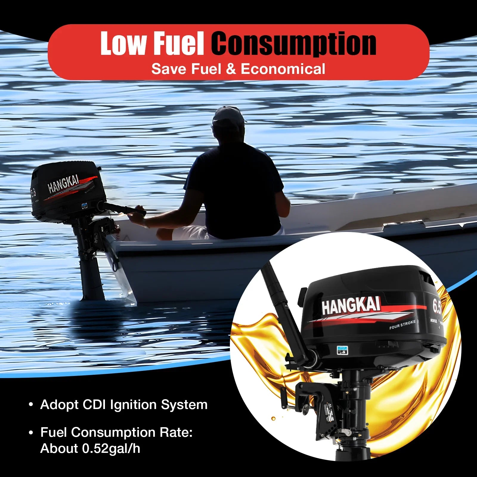 Anqidi 6.5HP 4 Stroke Outboard Motor 123CC Heavy Duty Boat Engine with Single Cylinder Water Cooling System &  Ignition Tiller Control Max 6000r/min