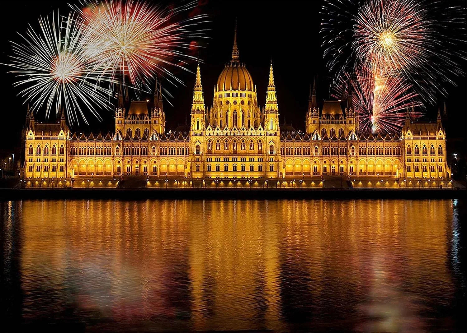 MOHome 7x5ft The View of The City Backdrop Night Lights Illuminate Castle River Water Fireworks Bloom Background Photo Booth Studio Props Party Background