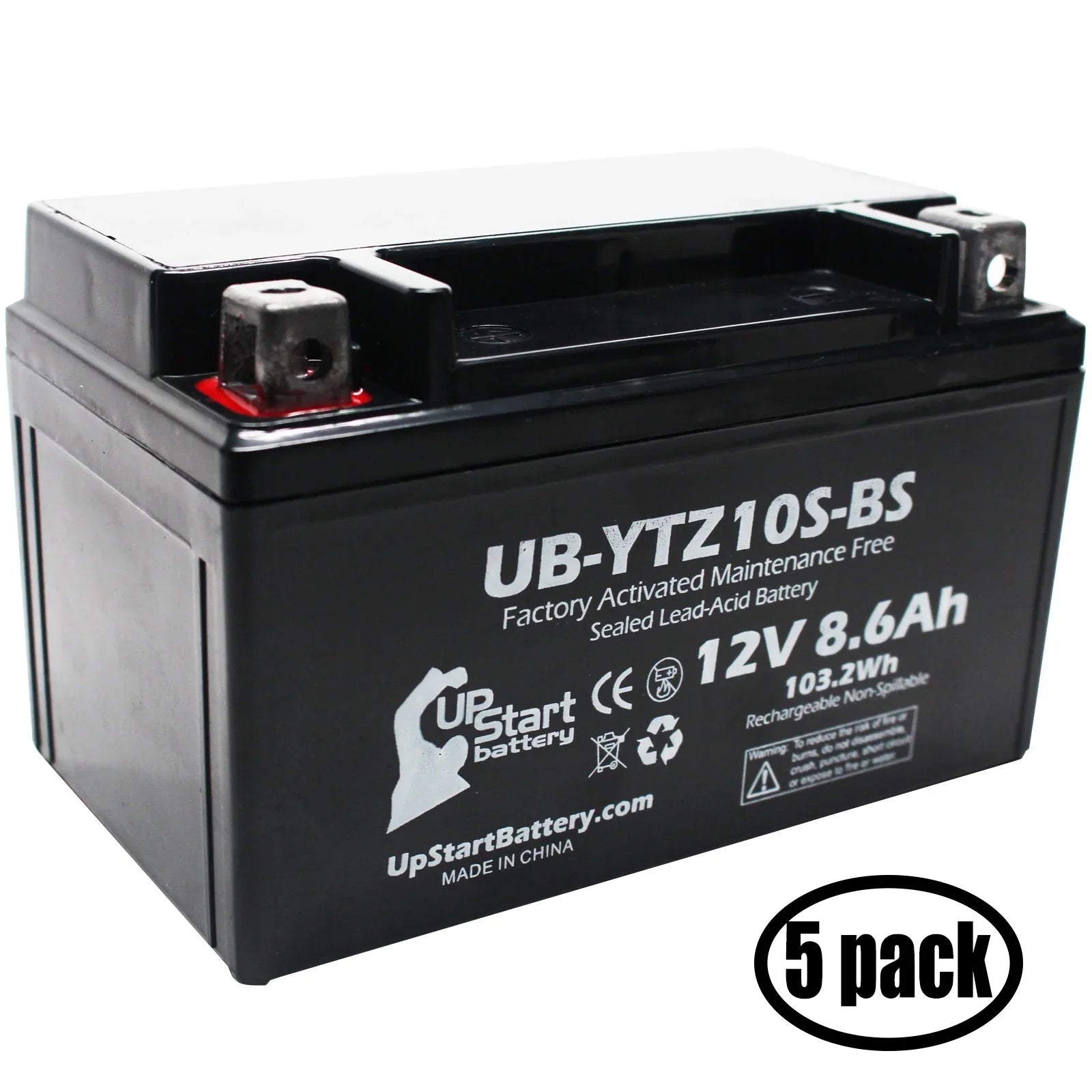 5-Pack UpStart Battery Replacement for 2011 Yamaha FZ8 800CC Factory Activated, Maintenance Free, Motorcycle Battery - 12V, 8.6Ah, -YTZ10S-