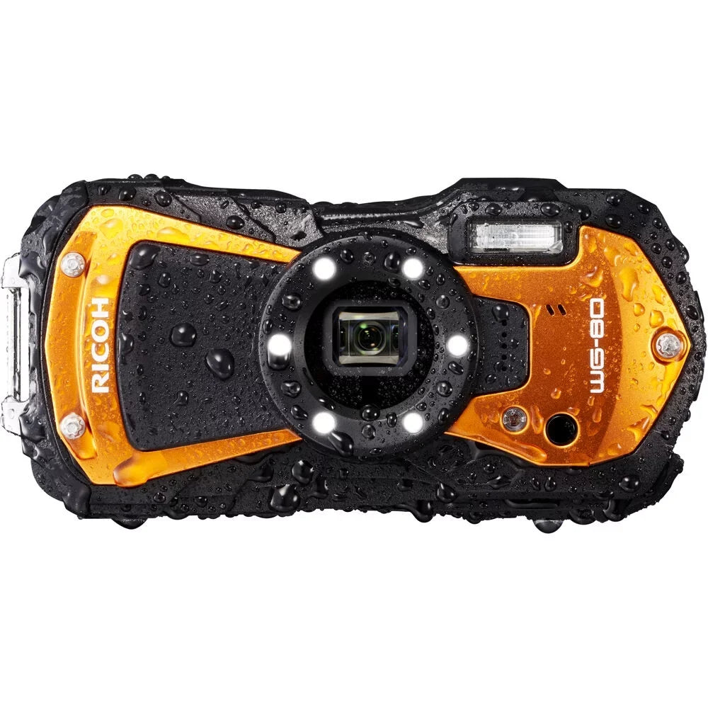 Ricoh -80 Waterproof Digital Camera (Orange) with 64GB Extreme Pro  Card + Small Case + Selfie Stick + Memory Card Wallet + Memory Card Reader + 6Ave Cleaning Kit