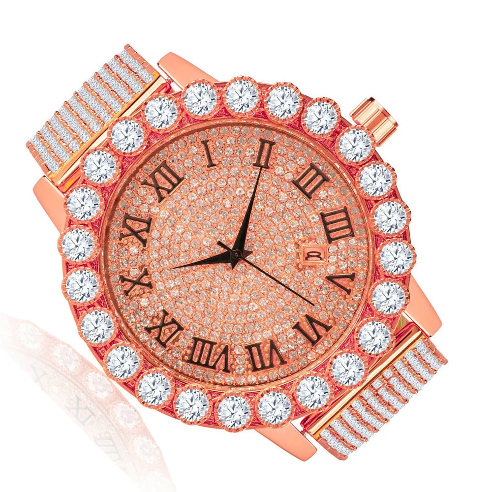 Roman Dial Solitaire Bezel Men's Lab Diamond 18K Rose Gold Finish Stainless Steel Back 10 Row Iced Out Band Custom Khronos Watch W/Date