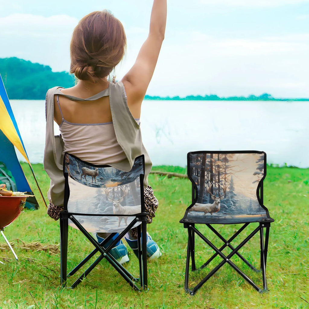 Deer in Winter Forest Portable Camping Chair Small for Kids Outdoor Folding Beach Chair Fishing Chair Lawn Chair with Carry Bag