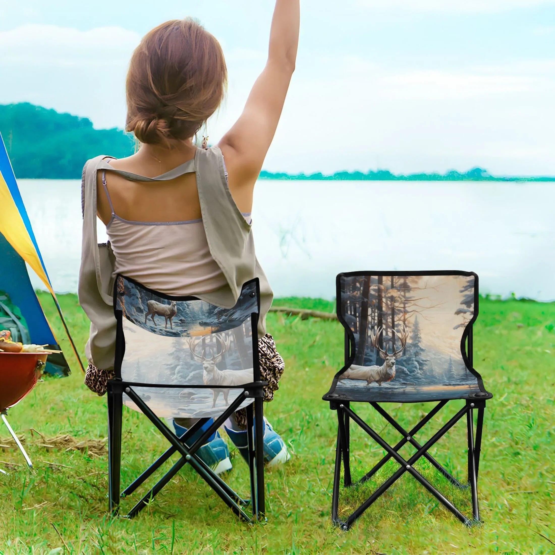 Deer in Winter Forest Portable Camping Chair Small for Kids Outdoor Folding Beach Chair Fishing Chair Lawn Chair with Carry Bag
