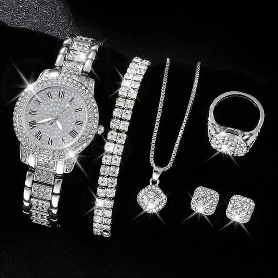 Luxury Rhinestone Quartz Watch Hiphop Fashion Analog Wrist Watch & 6pcs Jewelry Set, Gift For Women Her