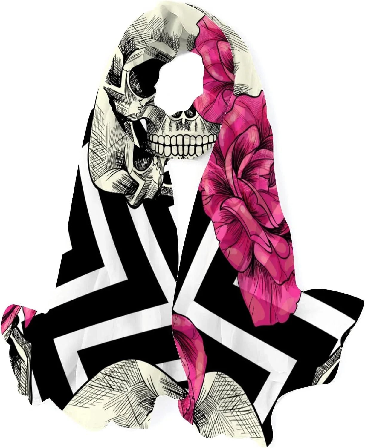Hyjoy Skull And Pink Roses Long Silk Neck Scarf Lightweight Shawl Wrap Scarves for Women Girls