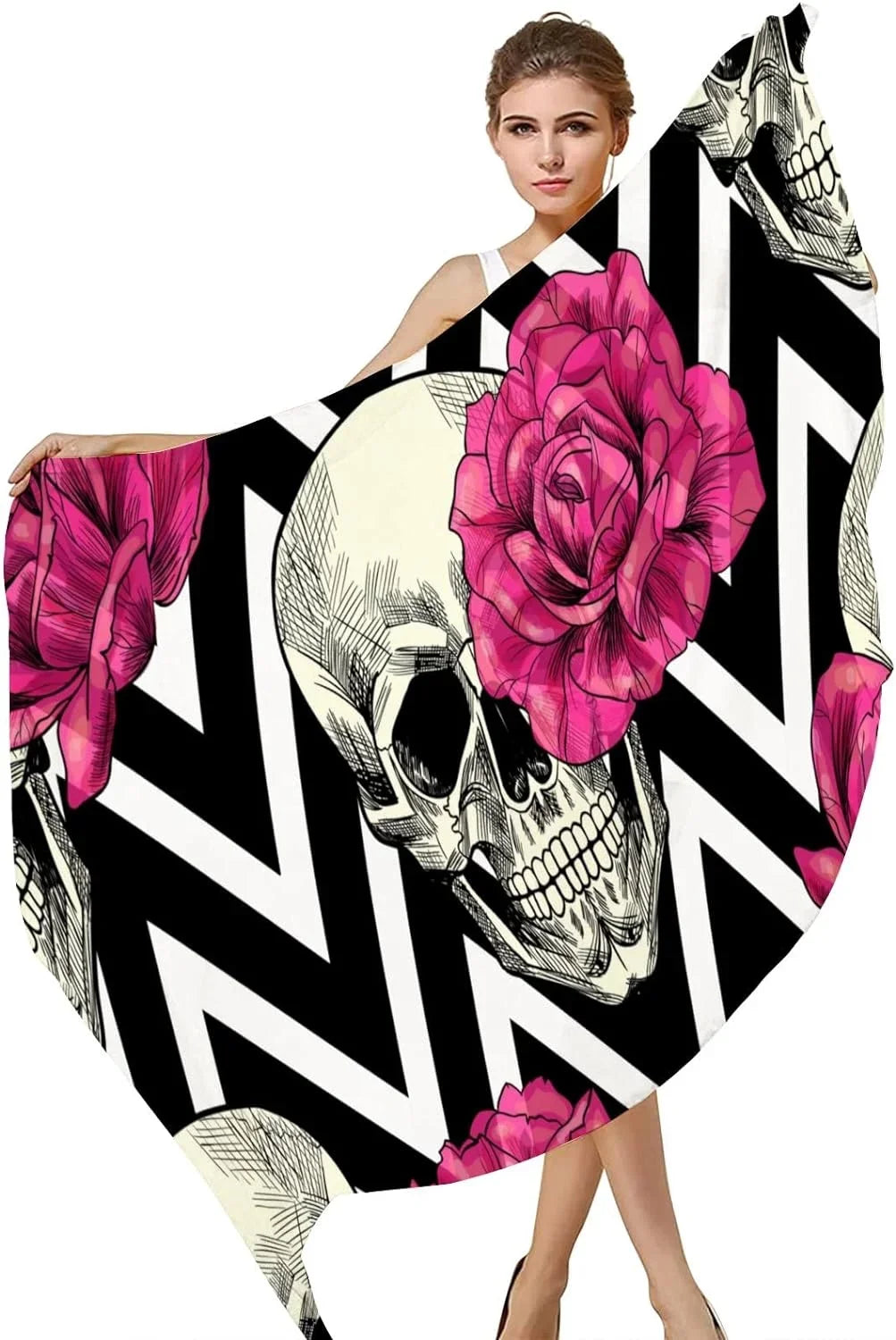 Hyjoy Skull And Pink Roses Long Silk Neck Scarf Lightweight Shawl Wrap Scarves for Women Girls