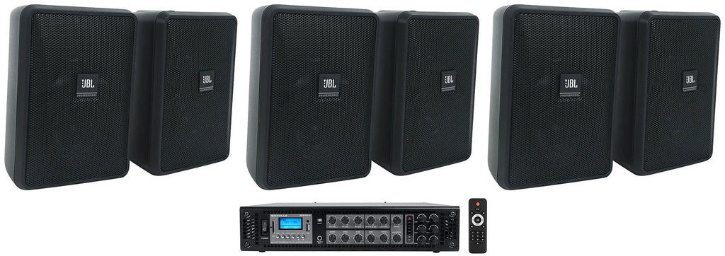 (6)  Control 23-1 Black 3" Indoor/Outdoor 70v Commercial Wall Speakers + Amp