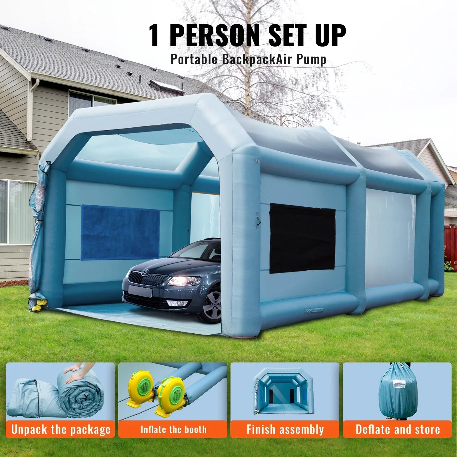 Inflatable Paint Booth 26x15x11ft Inflatable Spray Booth Car Paint Tent with 750W+950W Filter System Blower