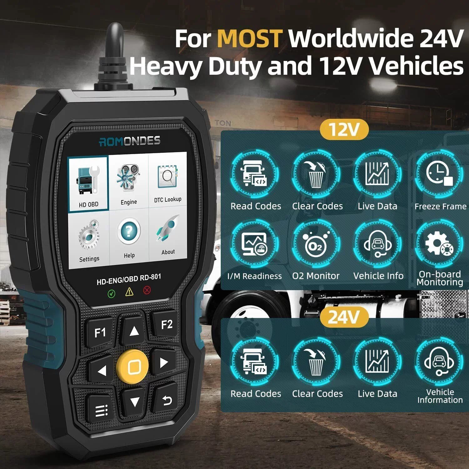 Romondes RD801 Heavy Duty Truck Diagnostic OBD2 Scanner Code Reader Tools Diesel Truck Scanner  Oil Reset