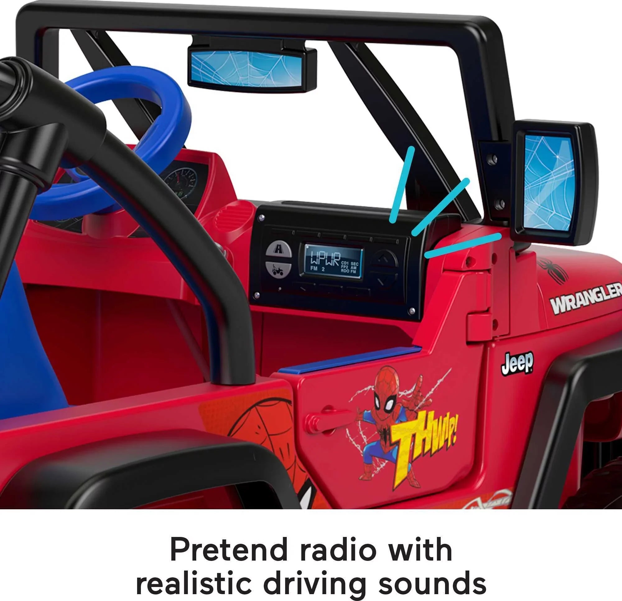 12V Power Wheels Spider-Man Jeep Wrangler Battery-Powered Ride-On Vehicle with Sounds, for a Child Ages 3-7