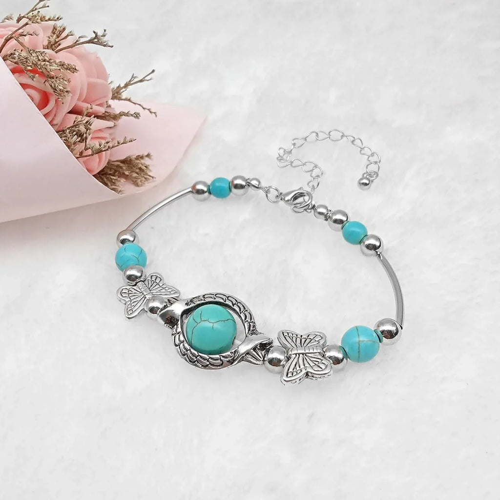 New Turquoise Bracelet, Classic Luxury Ladies Summer Unique Design Beaded Faux Gemstone Palm Bracelet Jewelry, Western Bohemian Style Jewelry Ladies Gift