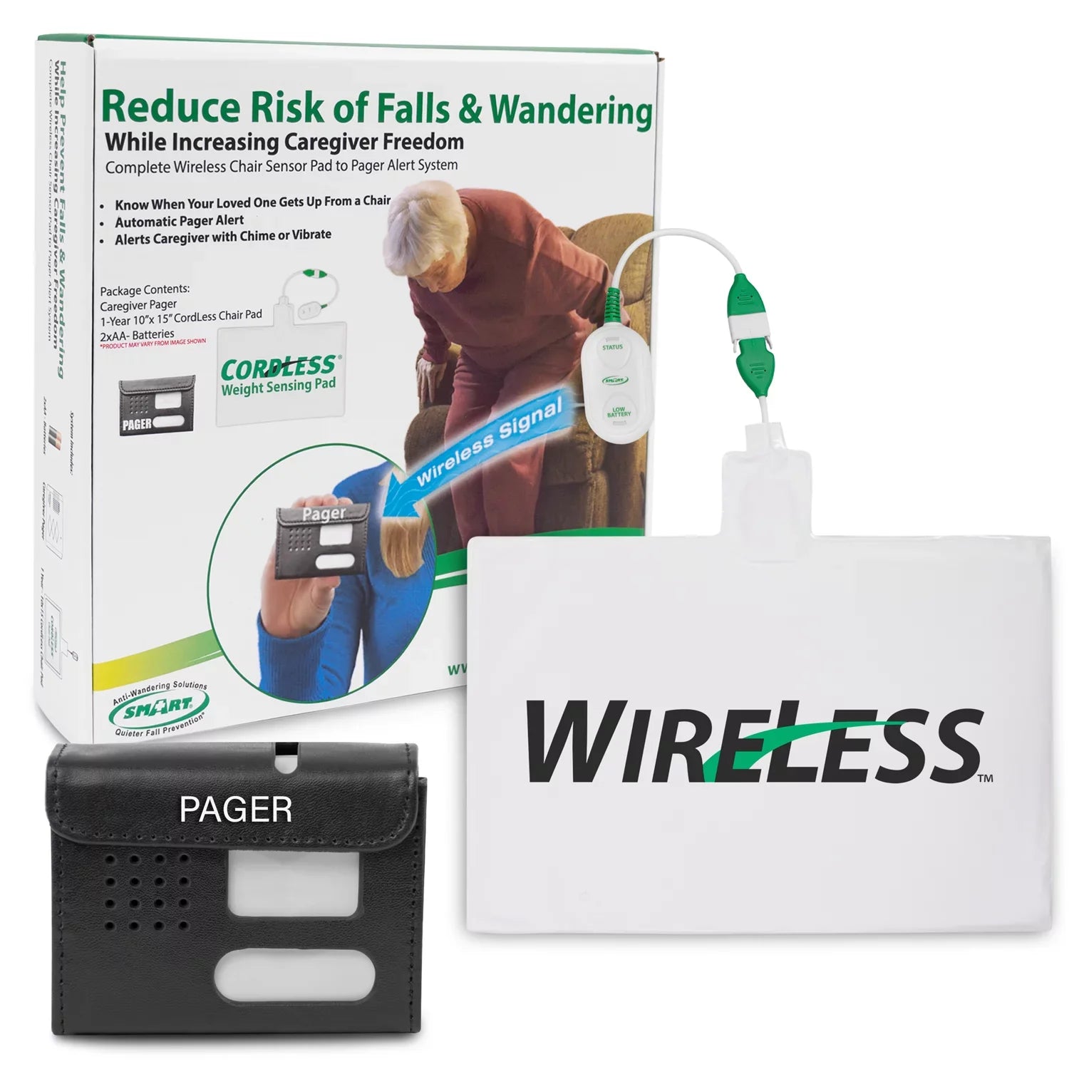 Smart Caregiver Wireless Chair Alarm System with Pager and Weight Sensor for Fall Prevention | 10" x 15" Pressure Sensor Alarm for Chair Alerts Caregiver | Cordless Chair Alarm with up to 300' Range