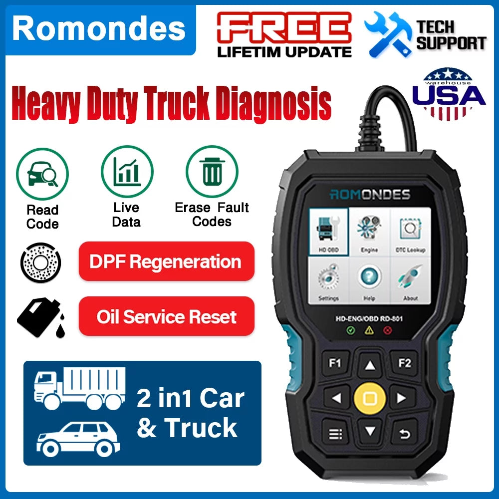 Romondes RD901 Heavy Duty Truck Scanner  OBD2 Scan Tool   Diesel Scanner All System Diagnostic Tool with  Oil Light Reset  Heavy Duty Truck  Car  2 in 1 Code Reader