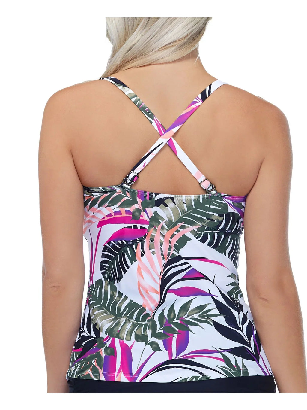 Women's White Tropical Print Stretch Ruffled Sweetheart Neck Aloha Palms Tankini Swimsuit Top 12