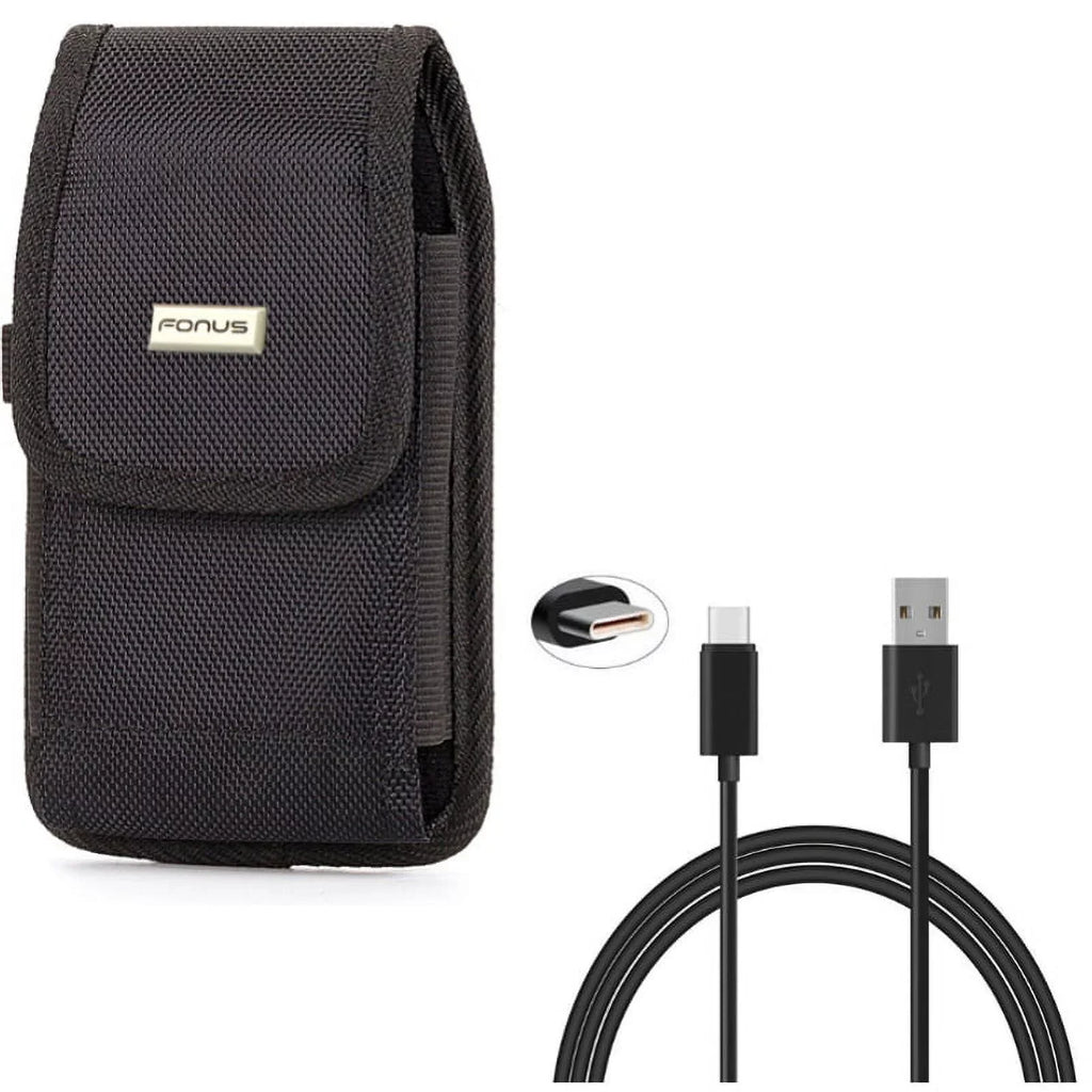 Rugged Canvas Case Vertical Belt Holster w Black 6ft Long Type-C  Cable w Turbo Charging Sync Wire Fast Charger Y1Y for Acer Liquid Jade Primo - Alcatel 7, Idol 4S -   Phone