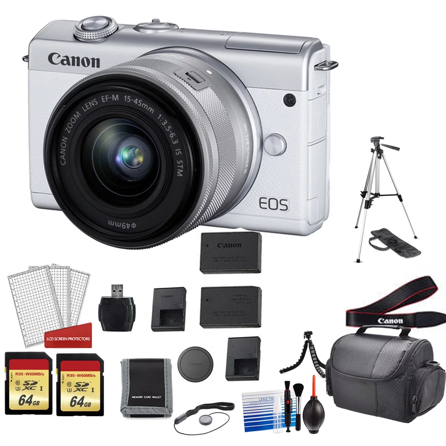 Canon  M200 Mirrorless Digital Camera with 15-45mm Lens (White) Kit with Spare Battery + 2x 64GB Memory Cards + Tripod + More