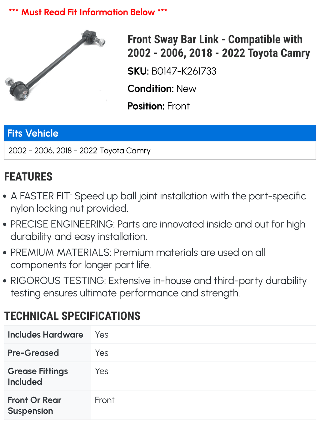 Front Sway Bar Link - Compatible with 2002 - 2006, 2018 - 2022 Toyota Camry 2003 2004 2005 2019 2020 2021
