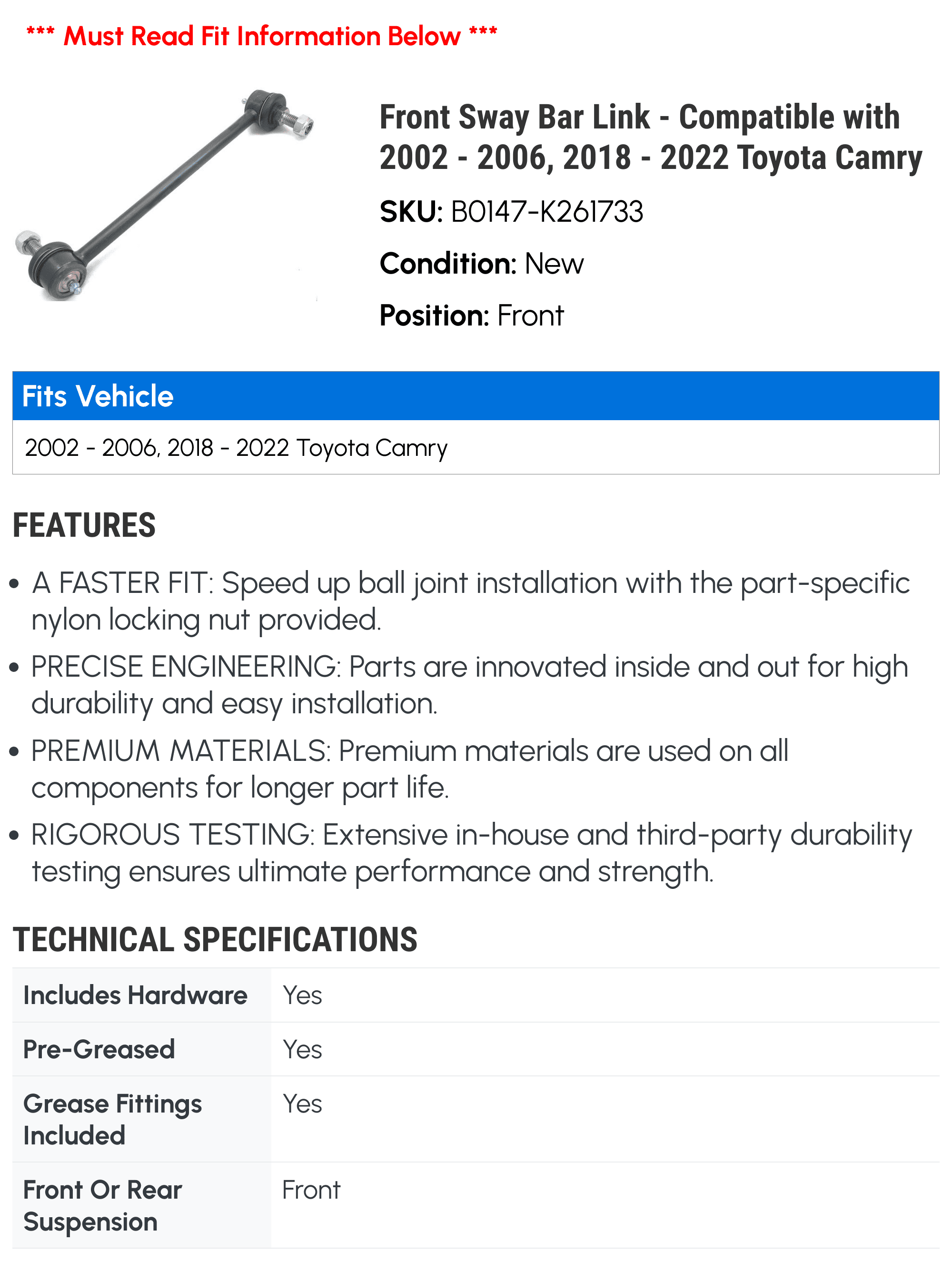 Front Sway Bar Link - Compatible with 2002 - 2006, 2018 - 2022 Toyota Camry 2003 2004 2005 2019 2020 2021