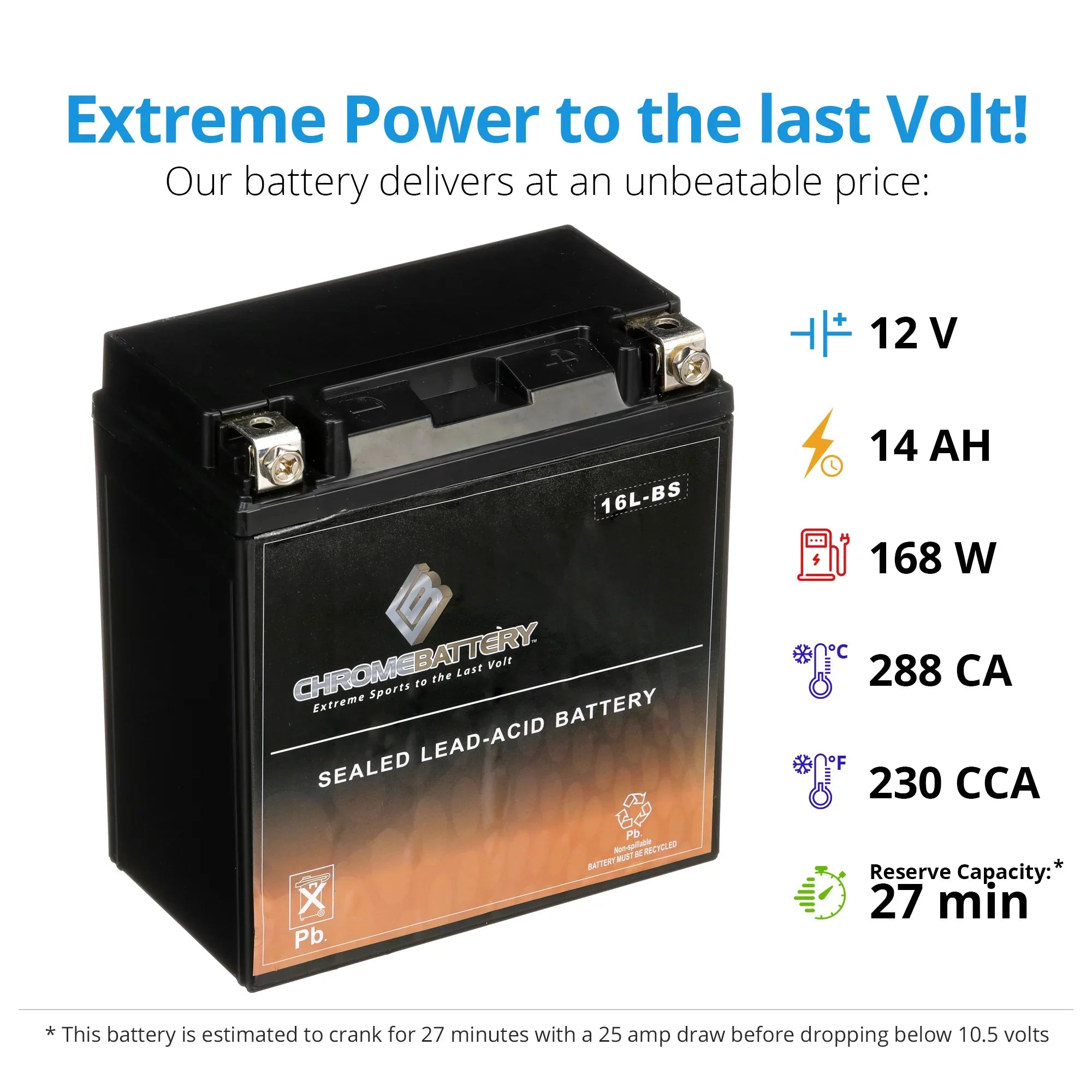 Chrome Battery YTX16L- (16L- 12 Volt,14 Ah, 230 ) Jet Ski Battery for Yamaha Wave Runner 2005