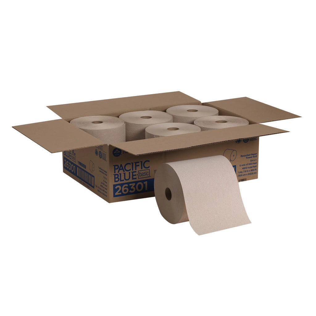 Pacific Blue Basic™ Recycled Hardwound Paper Towel Rolls, 26301, Brown, 6 Count (800 Feet/Roll)