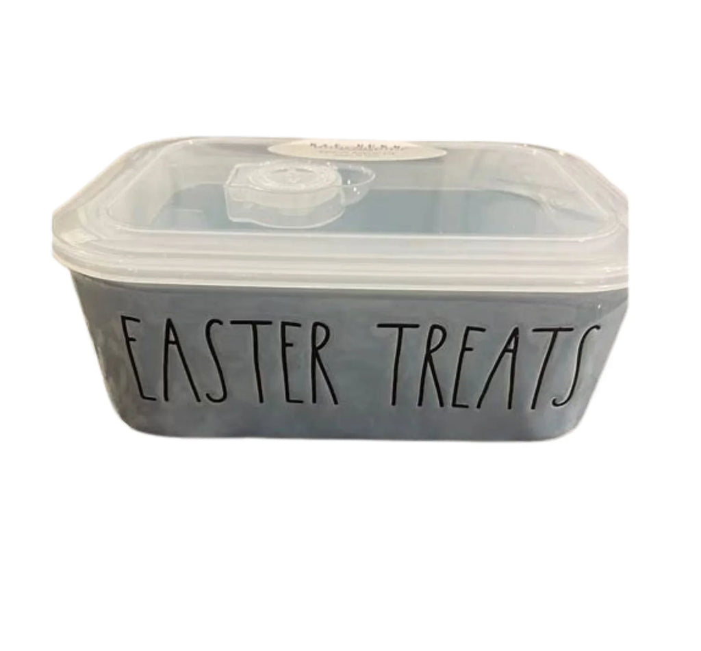 Rae Dunn   Ceramic Blue Rectangle Bowl with Lid and Vent Black  Letters Easter Kitchen Leftovers