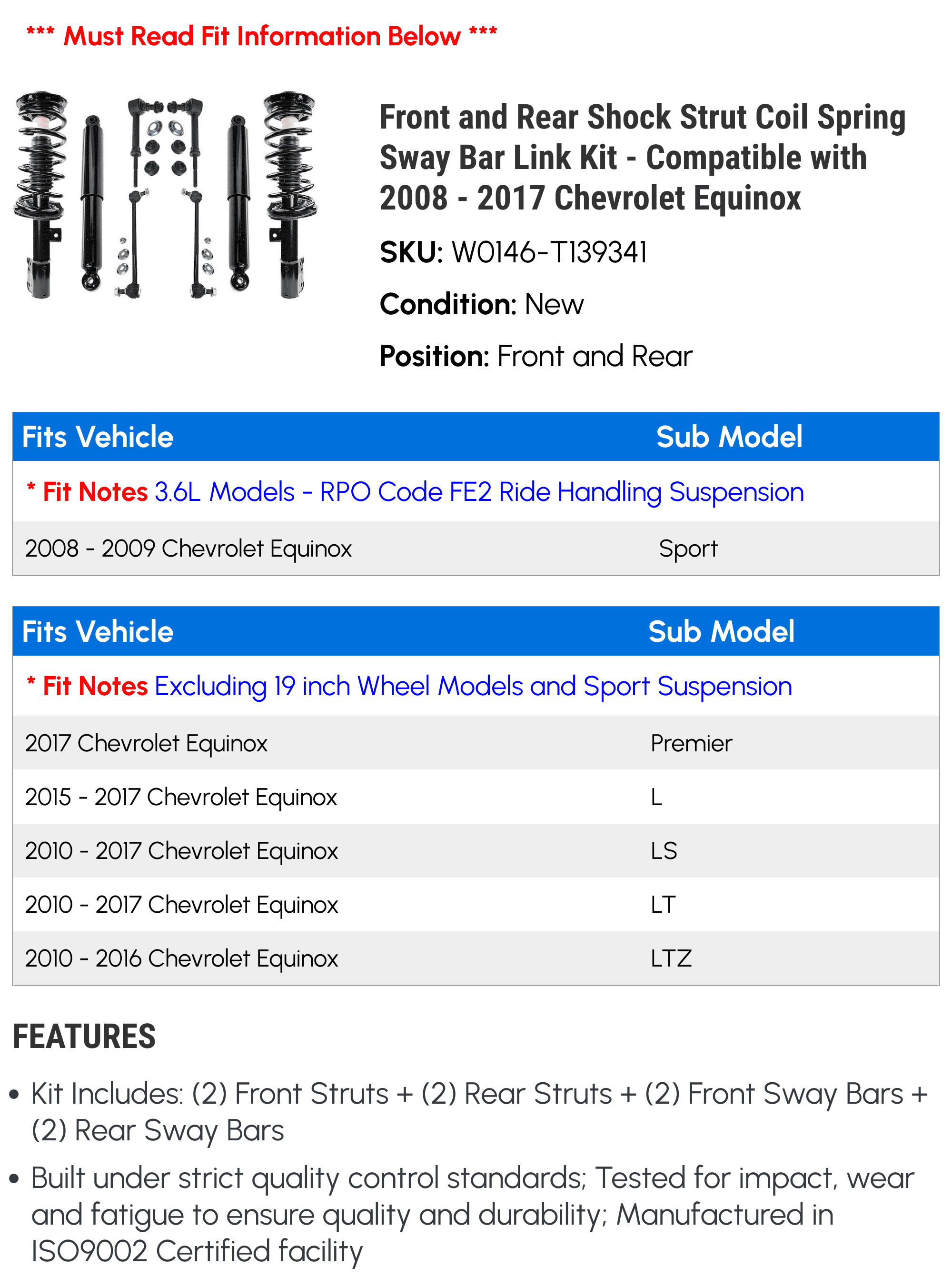 Front and Rear Shock Strut Coil Spring and Sway Bar Link Kit - 8 Piece - Compatible with 2008 - 2017 Chevy Equinox (Models without 19 Inch Wheels and Sport Suspension Only) 2009 2010 2011 2012
