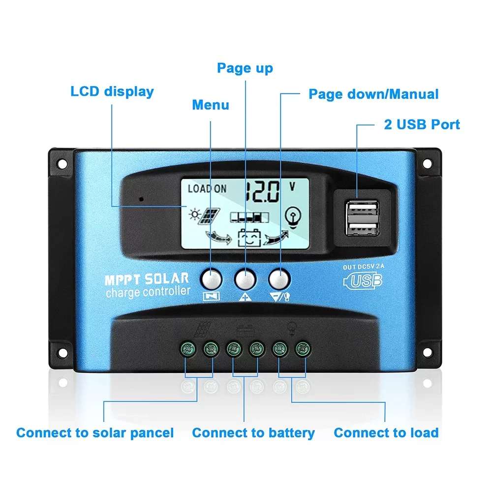 30A  Solar Charger Controller, Solar Panel Regulator Charge Controller, High Charging Efficiency, Dual ,  Control, Build-in Timer(Blue)
