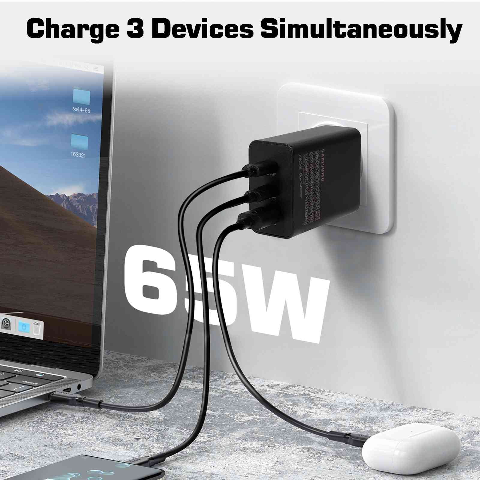 65W Fast Travel Charger with 3 Ports -  & Dual -C - High-Speed Charging for Laptops, Phones vivo Y17/X27 Pro/S1 (China)/X27/iQOO iPhone, Samsung Galaxy, Google Pixel, MacBook, Steam Deck
