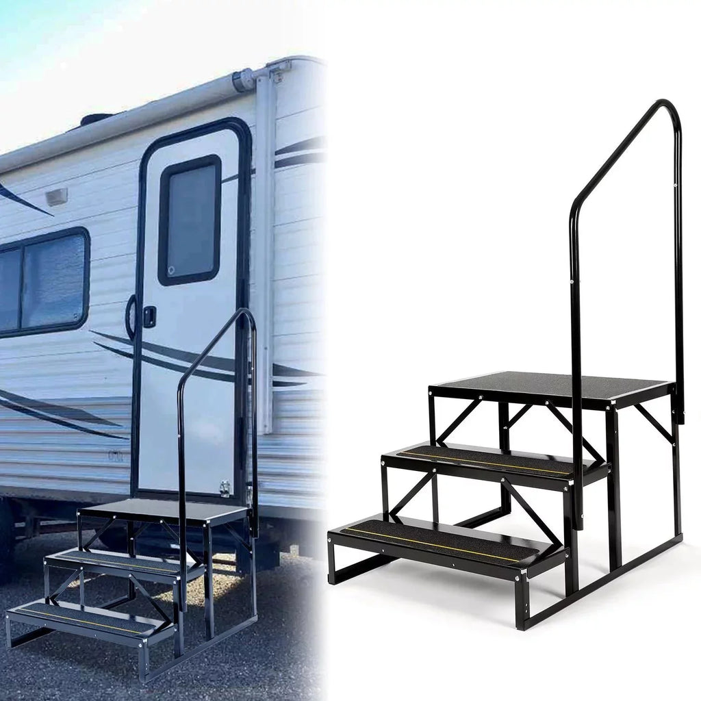 Universal 3 Steps Stairs Steel for  Travel Trailer Camper Trailer W/ Side Load Hand-railing Armrest Hand Rail