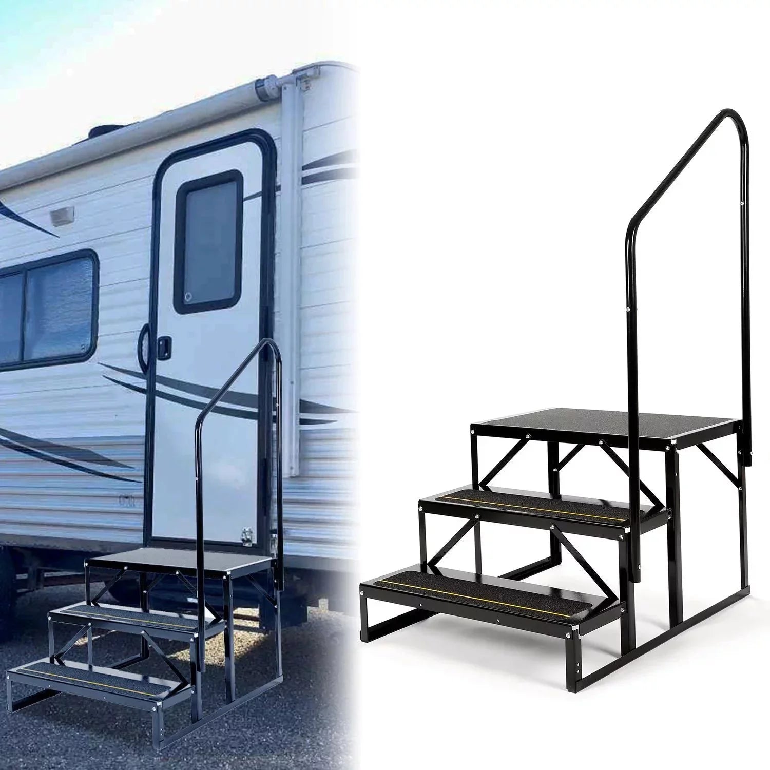 Universal 3 Steps Stairs Steel for  Travel Trailer Camper Trailer W/ Side Load Hand-railing Armrest Hand Rail