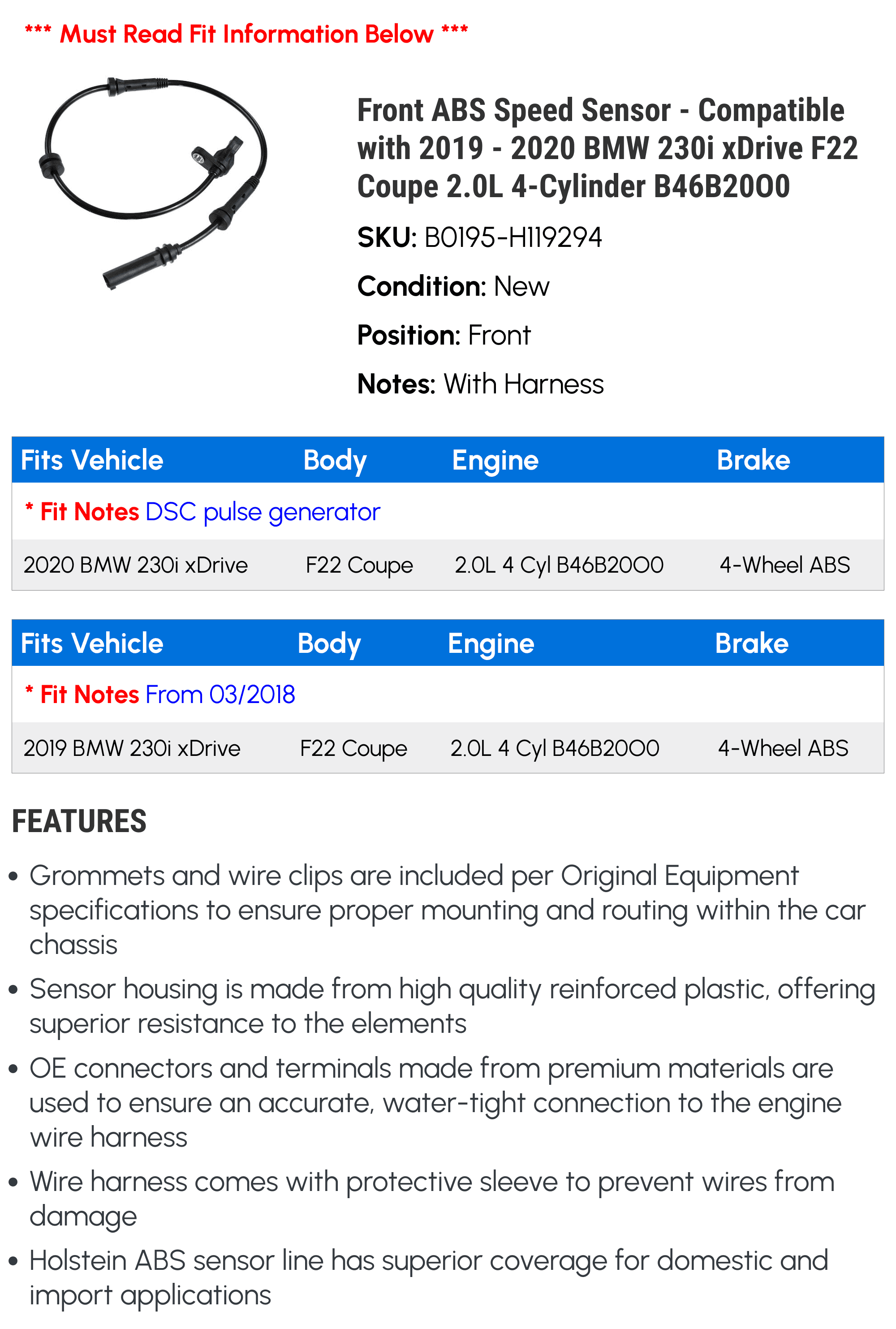 Front  Speed Sensor - Compatible with 2019 - 2020  230i xDrive F22 Coupe 2.0L 4-Cylinder B46B20O0