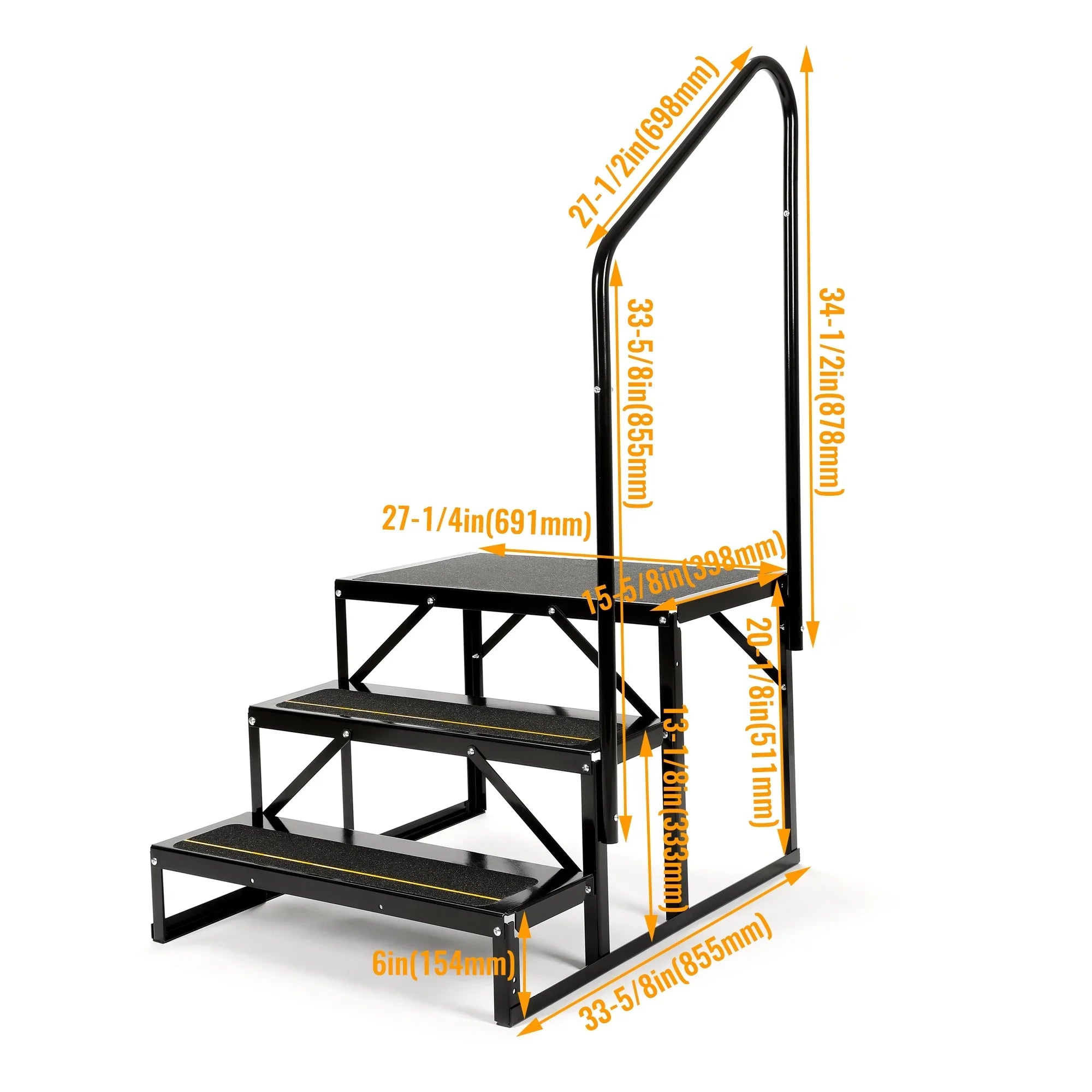 Universal 3 Steps Stairs Steel for  Travel Trailer Camper Trailer W/ Side Load Hand-railing Armrest Hand Rail