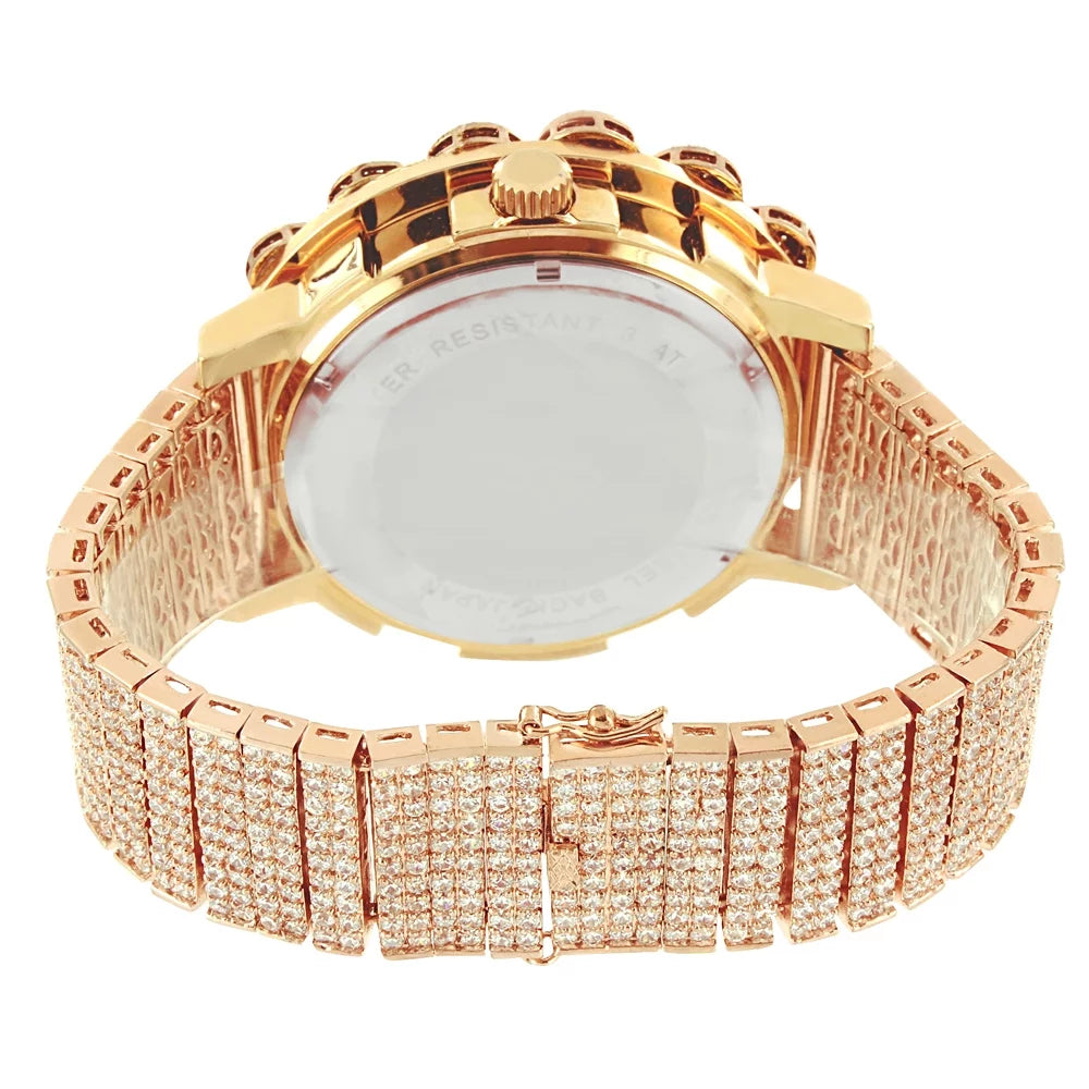 Men's Real Diamond Khronos Watch 14k Rose Gold Tone Big Face Flower Bezel Full Iced Out Band W/Date