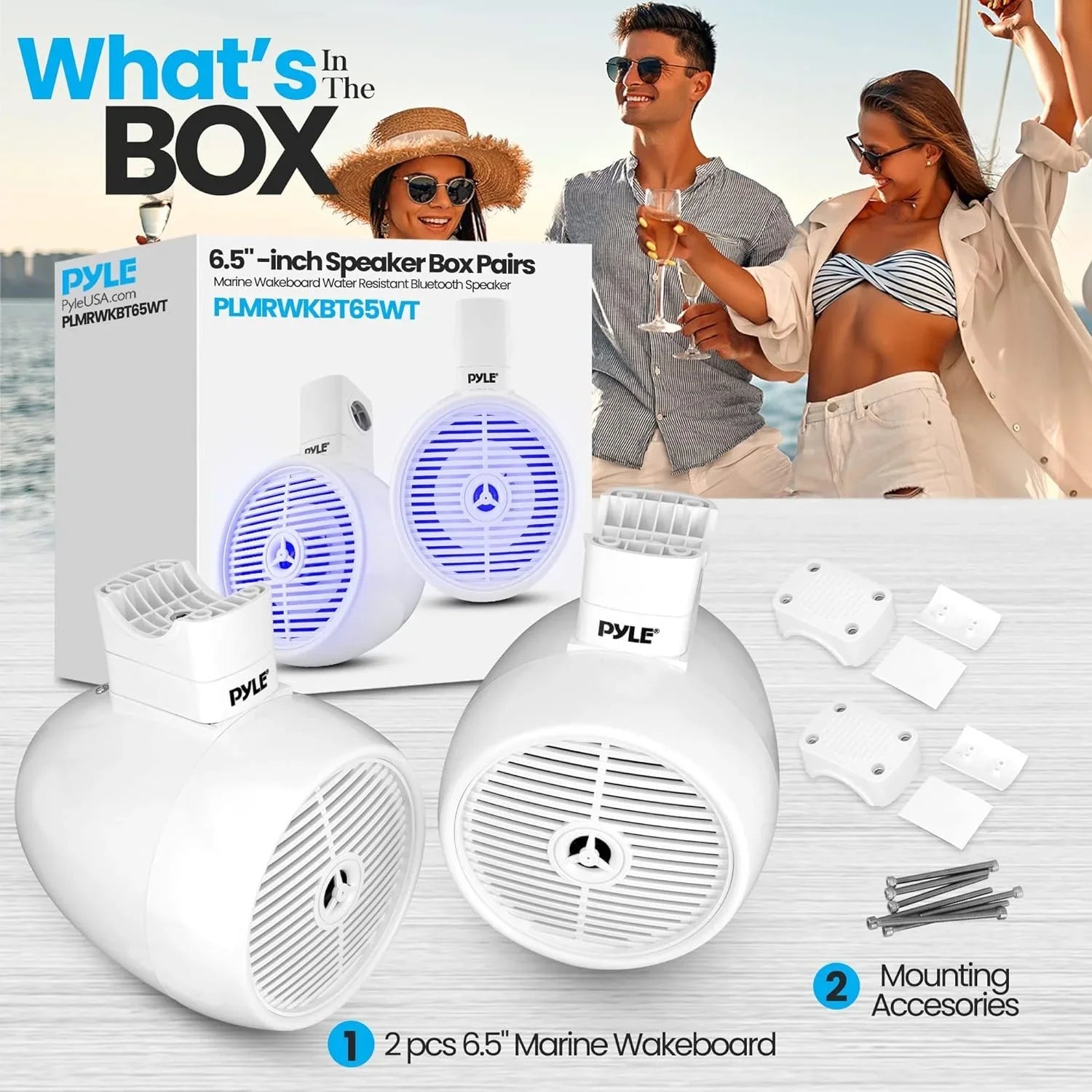 6.5" Marine Wakeboard Water Resistant Bluetooth Speaker - Single 2-Way Mini Box Speaker System with Built-in  Lights, White PLMRWKBT65WT