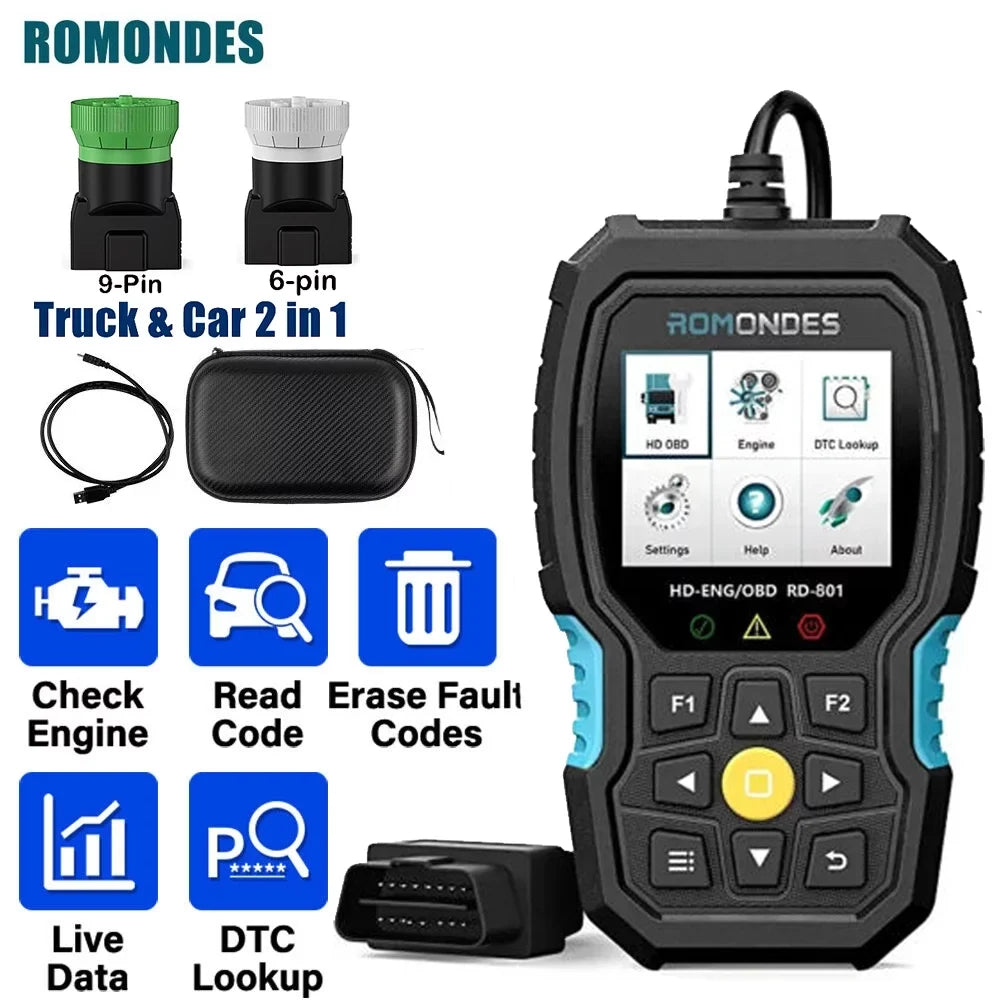 Romondes RD801 Heavy Duty Truck Diagnostic OBD2 Scanner Code Reader Tools Diesel Truck Scanner  Oil Reset