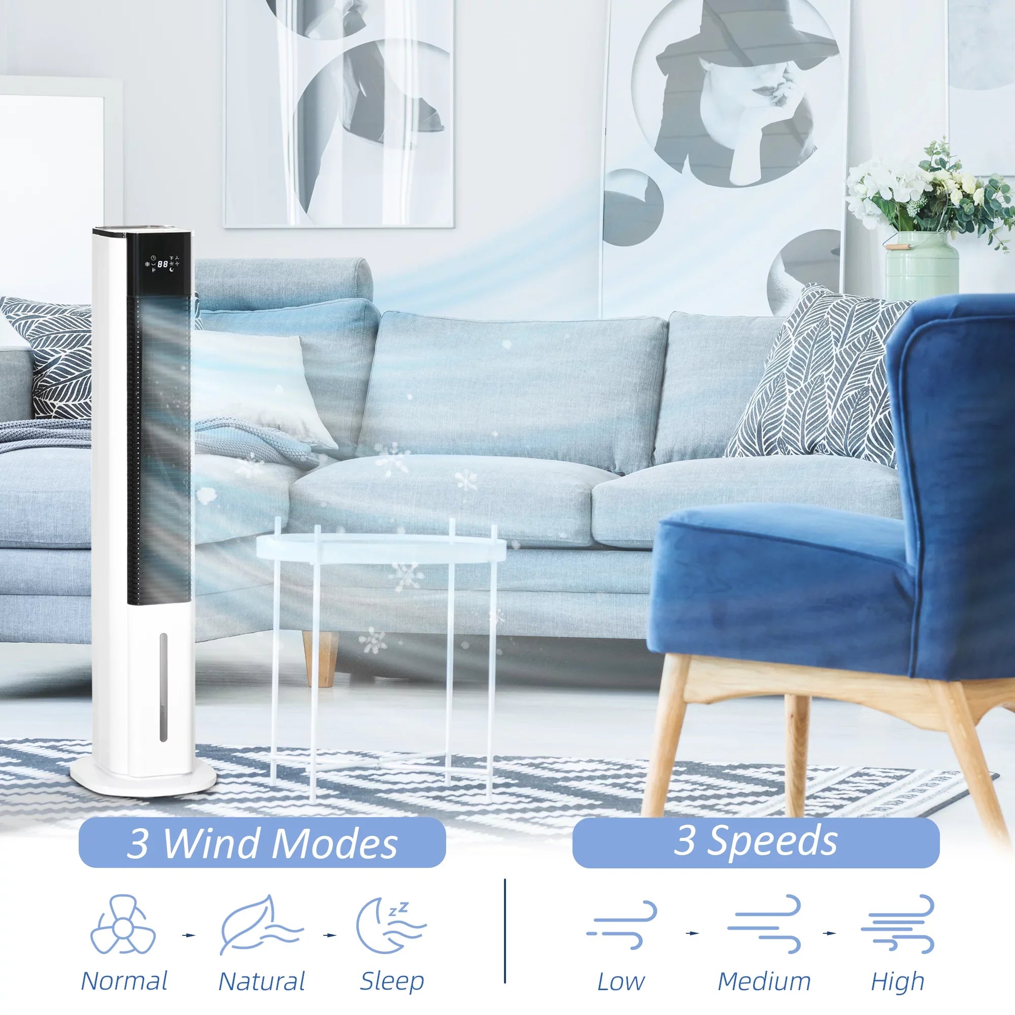 42" Portable Evaporative Air Cooler, 3-In-1 Ice Cooling Fan Humidifier with Remote, Timer, Oscillating,  Display, and 1.6 Gal Water Tank, White