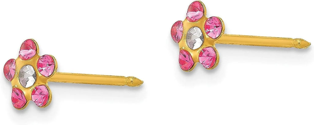 Solid Inverness 14k Yellow Gold Rose/Aurora Borealis Crystal Flower Earrings - 5mm