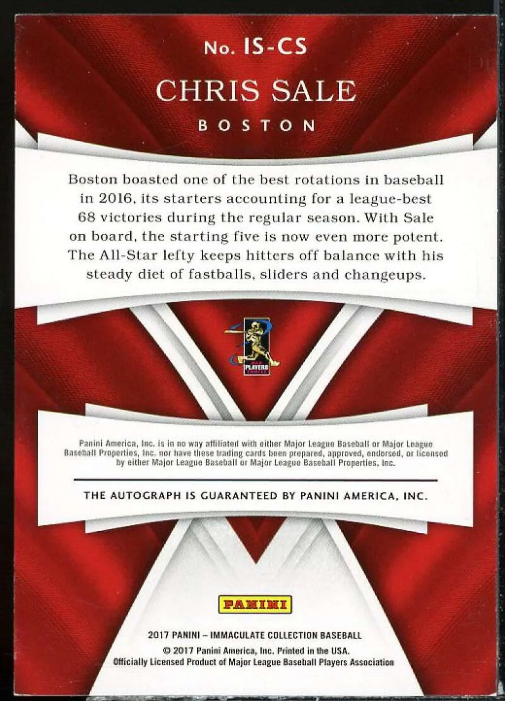 Chris Sale Card 2017 Immaculate Collection Immaculate Signatures #12