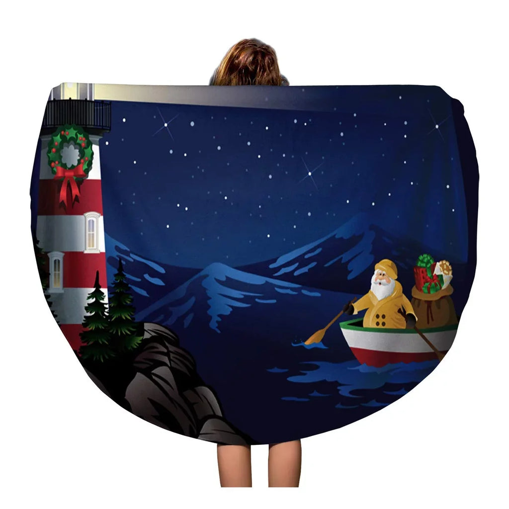 60 inch Round Beach Towel Blanket Christmas Santa Rowing Boat Bringing to Lighthouse Nautical Row Travel Circle Circular Towels Mat Tapestry Beach Throw