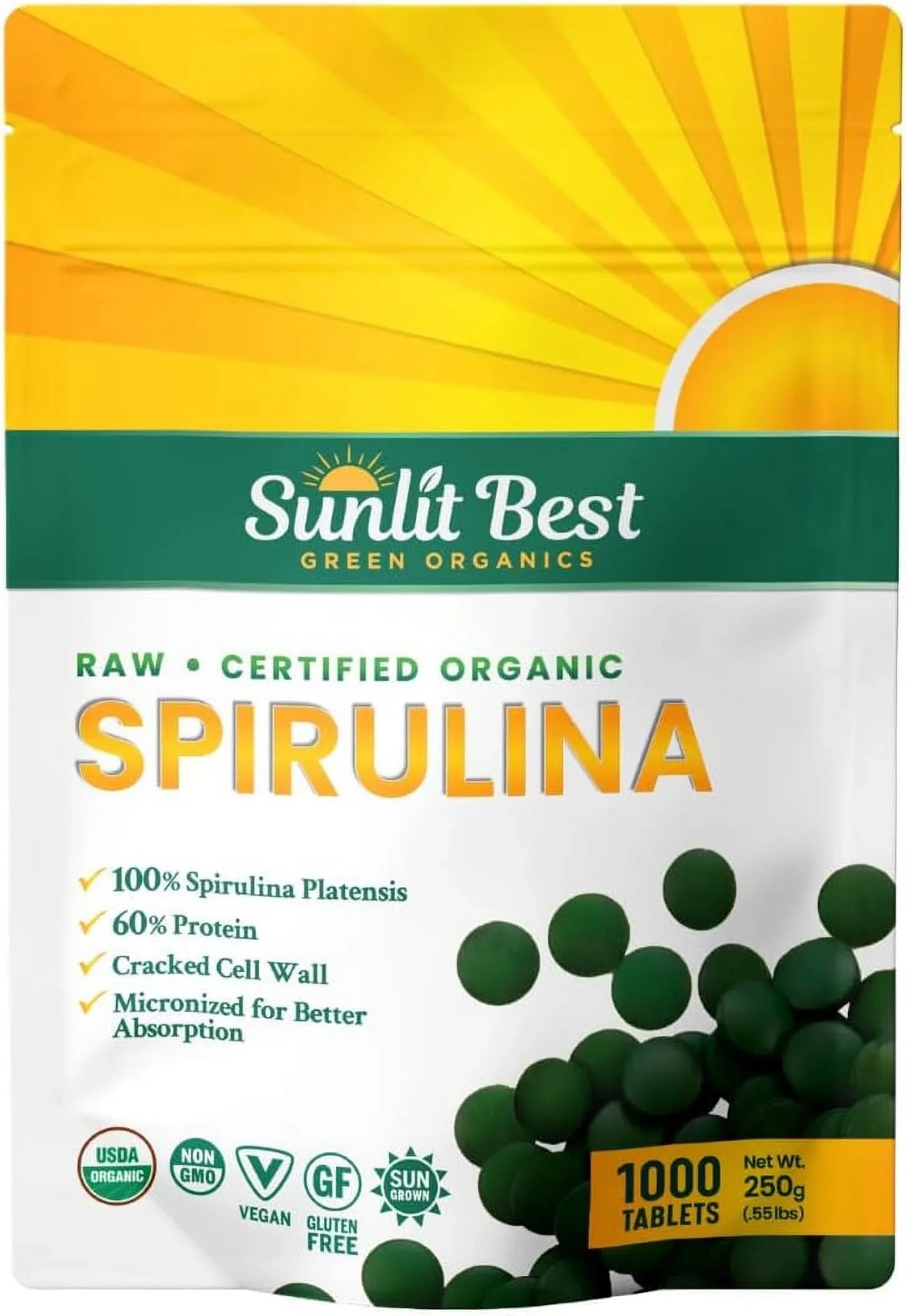 Sunlit Best -  Organic Spirulina Tablet - Natural Super Greens Supplements for Immune Support, Gut Health & Energy Drink Tablets with Chlorophyll, Vegan & High Protein Non , 1000 Superfood Tab