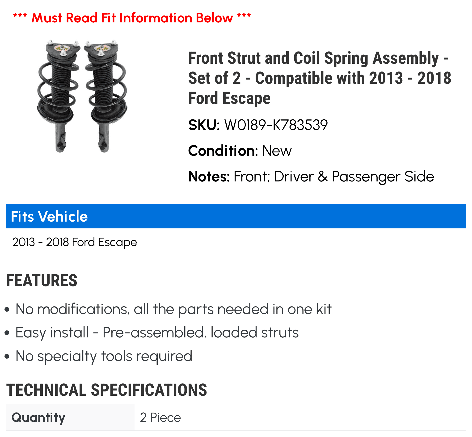 Front Strut and Coil Spring Assembly - Set of 2 - Compatible with 2013 - 2018 Ford Escape 2014 2015 2016 2017